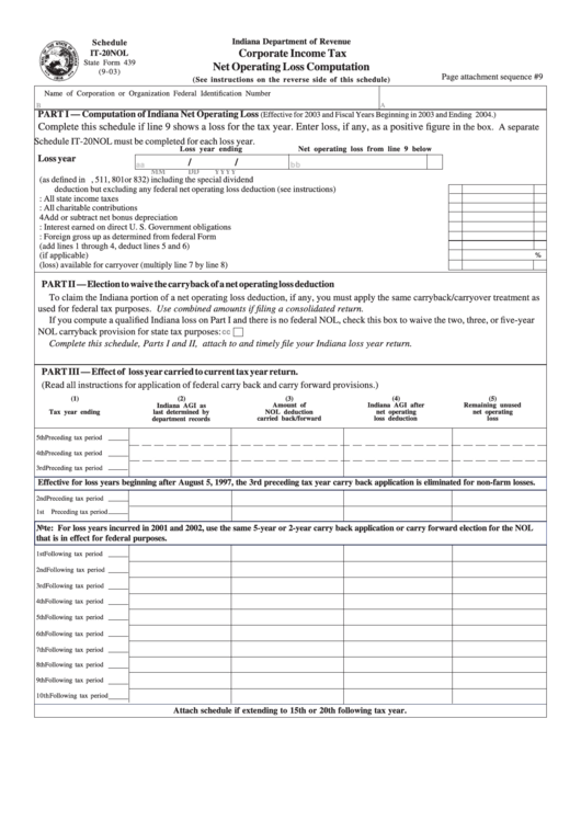 State Form 439 - Schedule It-20nol - Corporate Income Tax Net Operating Loss Computation Printable pdf