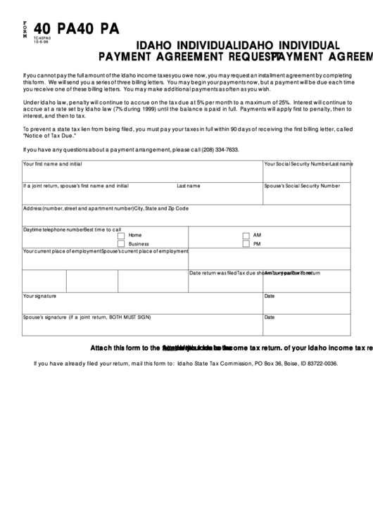 Fillable Form 40 Pa - Idaho Individual Idaho Individual Payment Agreement Reques Pay Printable pdf