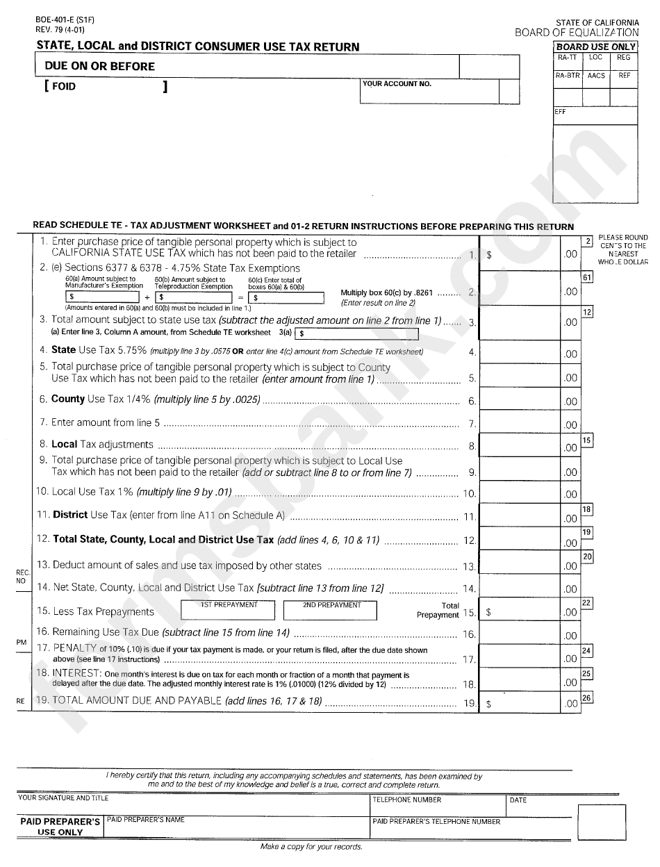 Form Boe-401-E - State, Local And District Consumer Use Tax Return