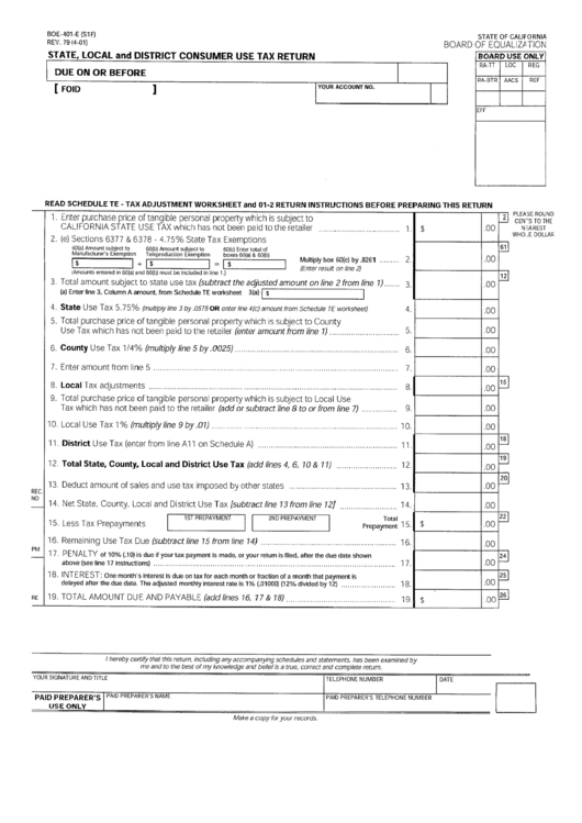 Form Boe-401-E - State, Local And District Consumer Use Tax Return Printable pdf