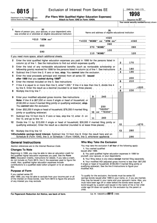Fillable Form 8815 - Exclusion Of Interest From Series Ee U.s. Savings Bonds Issued After 1989 - 1998 Printable pdf