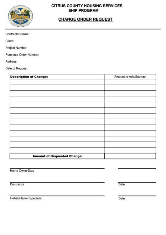 Change Order Request Form - Citrus County Housing Services Ship Program Printable pdf