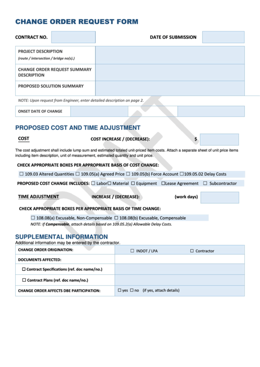 Fillable Change Order Request Form - Draft Printable pdf