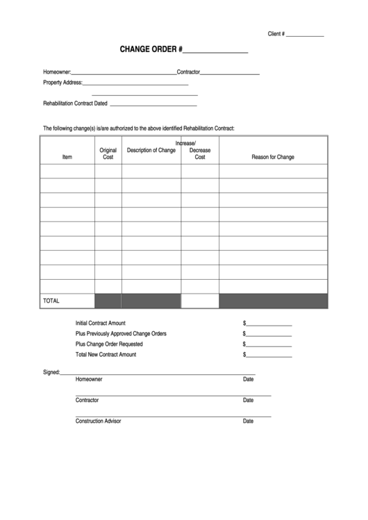 Change Order Form Printable pdf