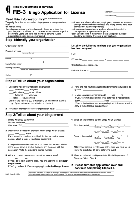 Form Rb-3 - Bingo Application For License - Illinois Department Of Revenue Printable pdf