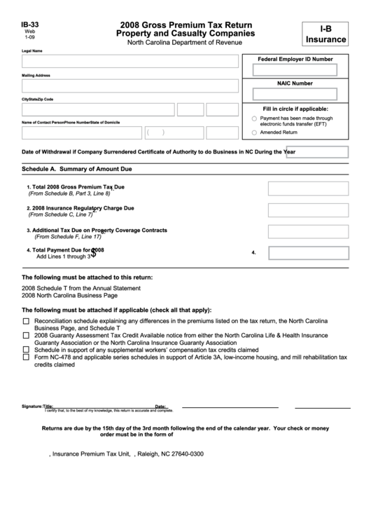 Form Ib-33 - Gross Premium Tax Return Property And Casualty Companies - 2008 Printable pdf