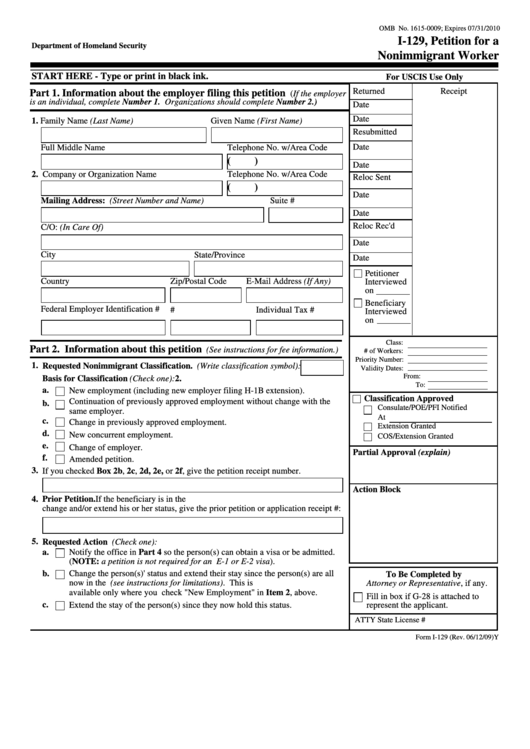 Fillable Form I 129 Petition For A Nonimmigrant Worker Department 