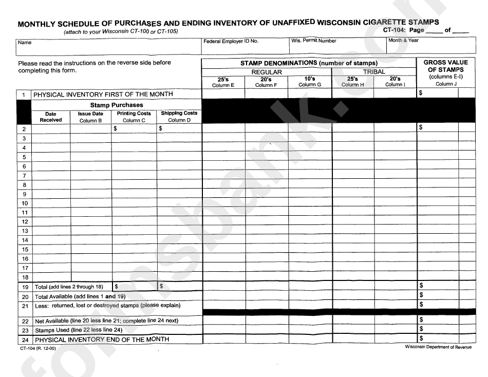 Form Ct-104 - Monthly Schedule Of Purchases And Ending Inventory Of Unaffixed Wisconsin Cigarette Stamps