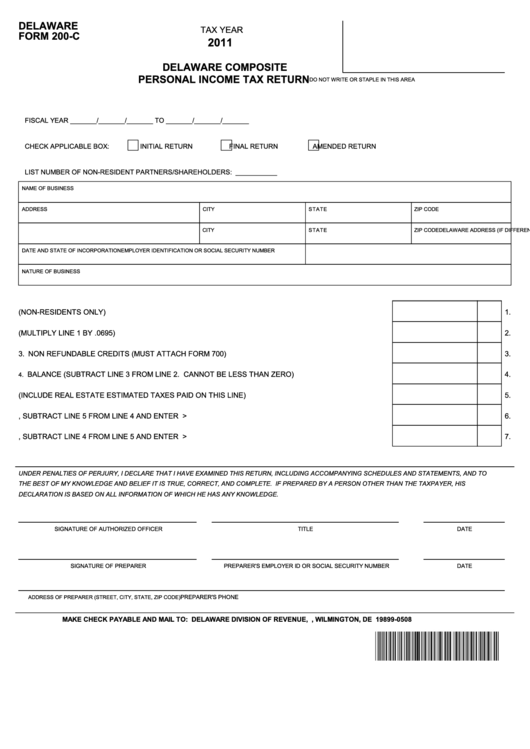Delaware Form 200-C - Delaware Composite Personal Income Tax Return - 2011 Printable pdf
