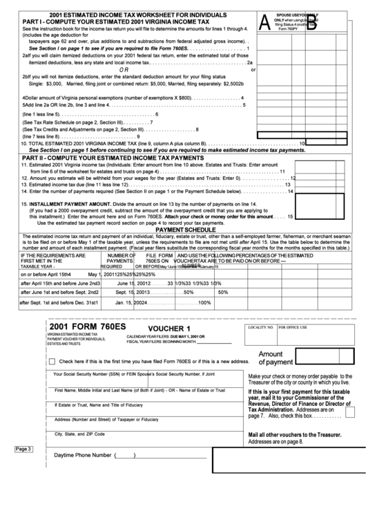 Form 760es - Estimated Income Tax Payment Voucher For Individuals - 2001 Printable pdf