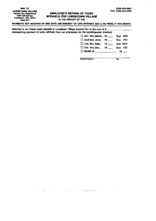 Employer'S Return Of Taxes Withheld For Lordstown Village printable pdf