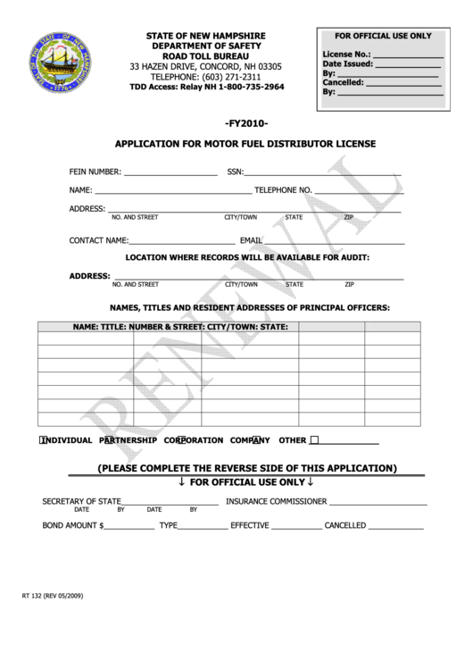 Form Rt 132 - Application For Motor Fuel Distributor License - Nh Road Toll Bureau - Fy2010 Printable pdf