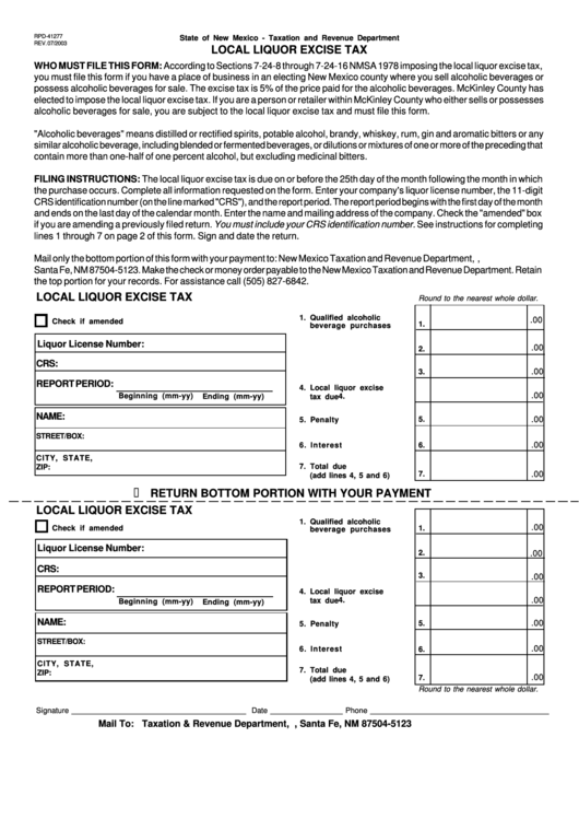 Form Rpd-41277 - Local Liquor Excise Tax Printable pdf
