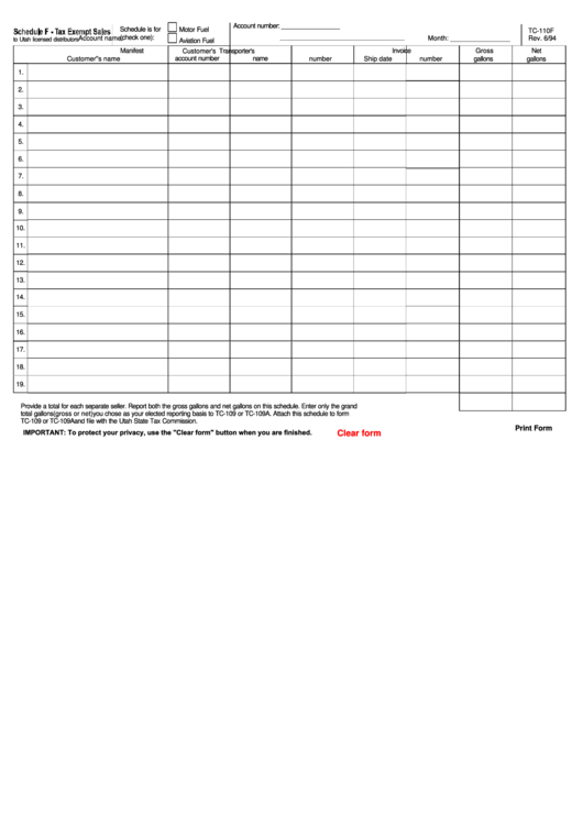 Fillable Form Tc-110f - Schedule F - Tax Exempt Sales Printable pdf