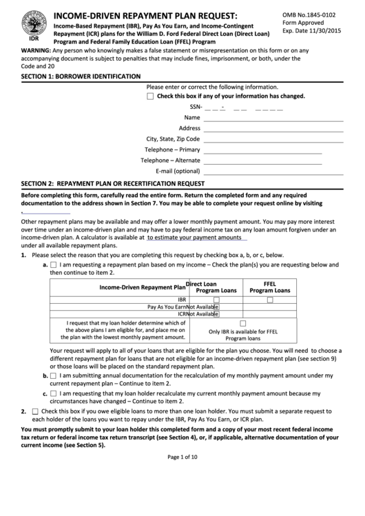Fillable Income-Driven Repayment Plan Request Form - U.s. Department Of Education Printable pdf