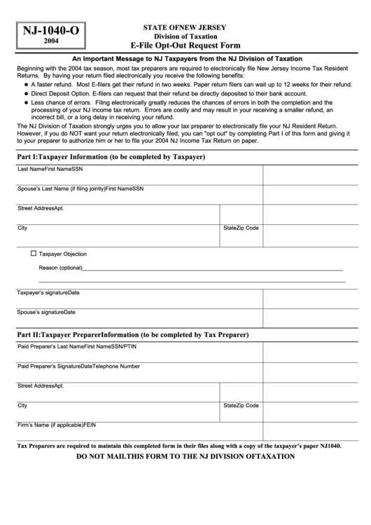 Fillable Form Nj-1040-O - E-File Opt-Out Request Form - 2004 Printable pdf