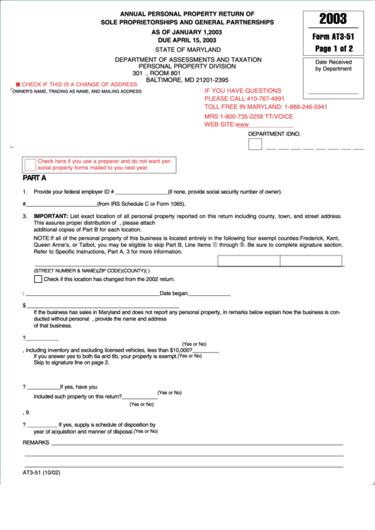 Form At3-51 - Annual Personal Property Return Of Sole Proprietorships And General Partnerships - 2003 Printable pdf