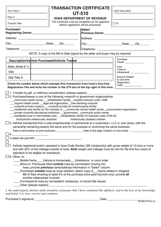 Form Ut-510 - Transaction Certificate - Iowa Department Of Revenue Printable pdf