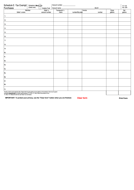 Fillable Schedule E (Form Tc-110e) -Tax Exempt Purchases Printable pdf