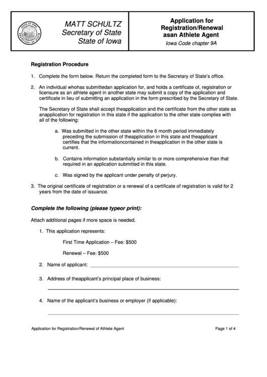 Fillable Application For Registration/renewal As An Athlete Agent - Iowa Secretary Of State Printable pdf