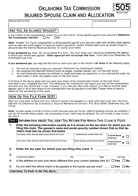 Form 505 - Injured Spouse Claim And Allocation Printable pdf