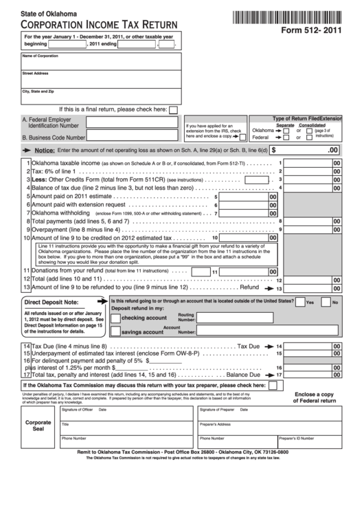 Fillable Form 512 - Oklahoma Corporation Income Tax Return - 2011 Printable pdf