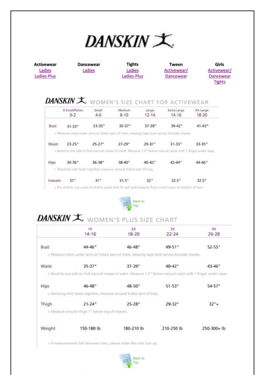 Danskin Size Charts printable pdf download