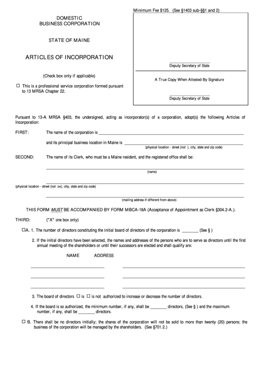 Fillable Form Mbca-6 - Domestic Business Corporation Articles Of Incorporation Printable pdf