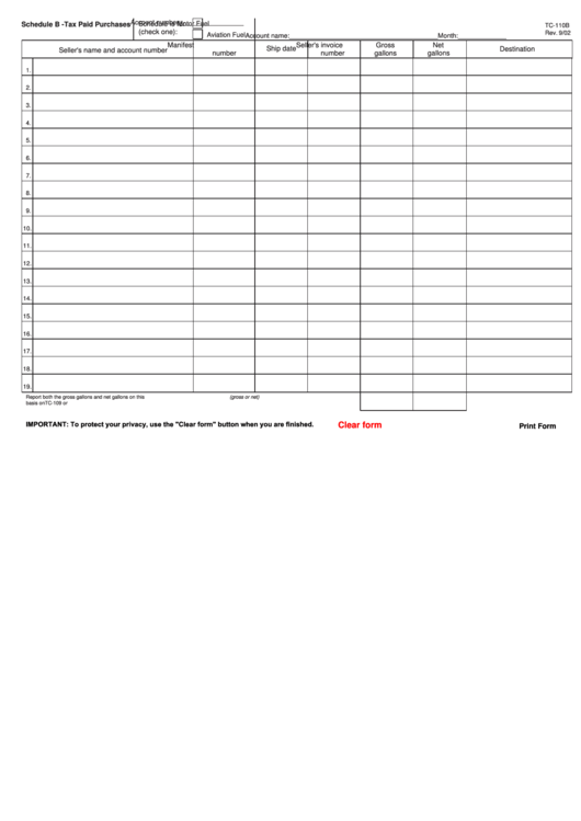 Fillable Form Tc-110b - Schedule B - Tax Paid Purchases Printable pdf