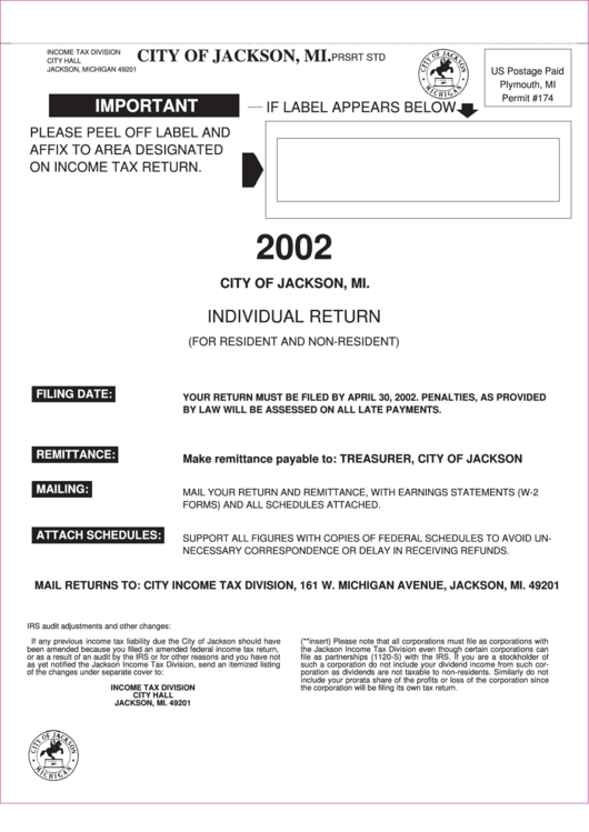 Individual Return (For Resident And Non-Resident) - City Of Jackson - 2002 Printable pdf