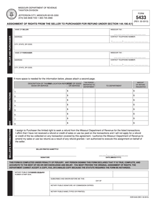 Fillable Form 5433 - Assignment Of Rights From The Seller To Purchaser For Refund Under Section 144.190.4(1) Printable pdf