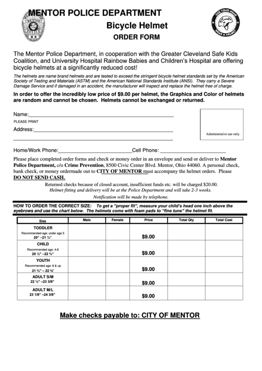 Bicycle Helmet Order Form - Mentor Police Department Printable pdf