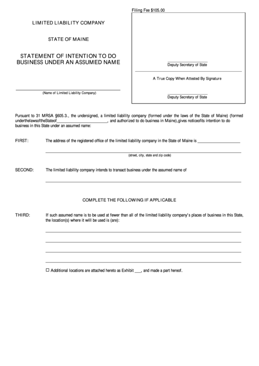 Fillable Form Mllc-5 - Limited Liability Company Statement Of Intention To Do Business Under An Assumed Name Printable pdf
