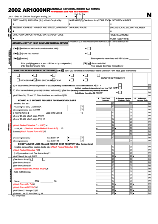 Form Ar1000nr - Arkansas Individual Income Tax Return Nonresident And Part Year Resident - Ar Department Of Finance And Administration - 2002 Printable pdf