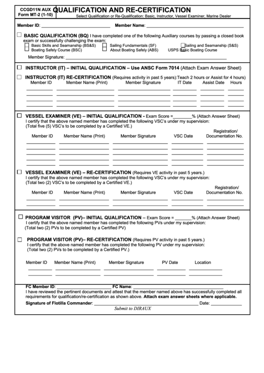 Form Mt-2 - Qualification And Re-Certification Printable pdf