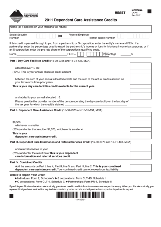 Fillable Montana Form Dcac - Dependent Care Assistance Credits - 2011 Printable pdf