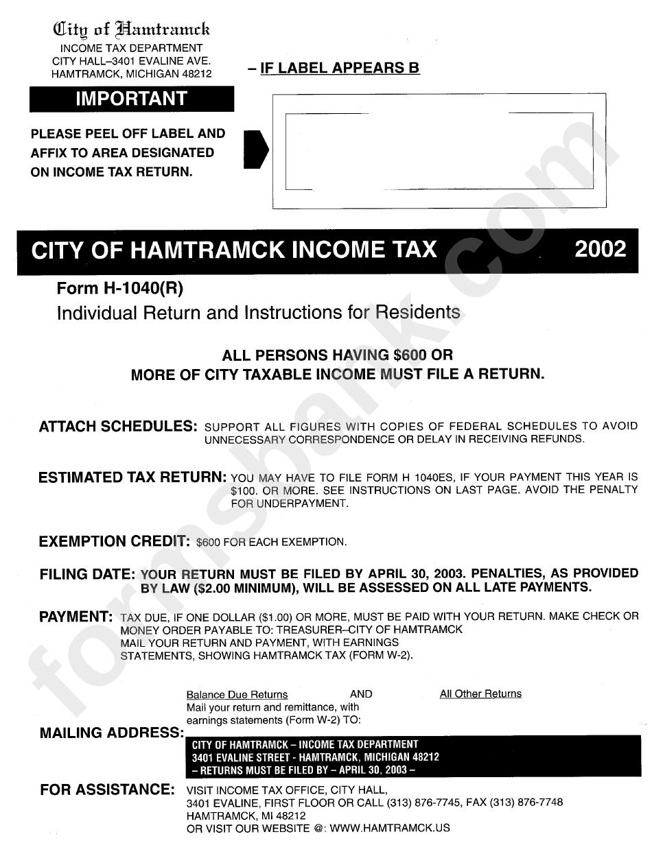 Form H-1040(R) - Individual Return For Residents Instructions - 2002