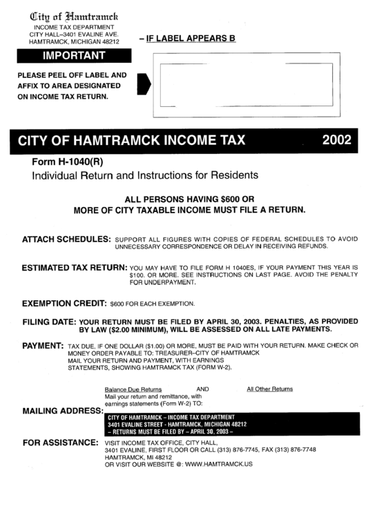 Form H-1040(R) - Individual Return For Residents Instructions - 2002 Printable pdf