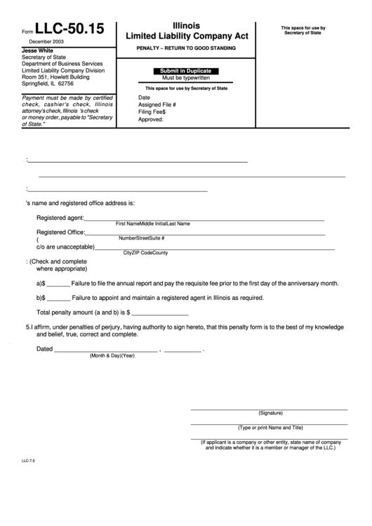 Fillable Form Llc-50.15 - Limited Liability Company Act - Illinois Secretary Of State Printable pdf