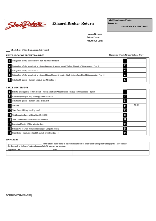 Dor/dmv Form 593 - Ethanol Broker Return Printable pdf
