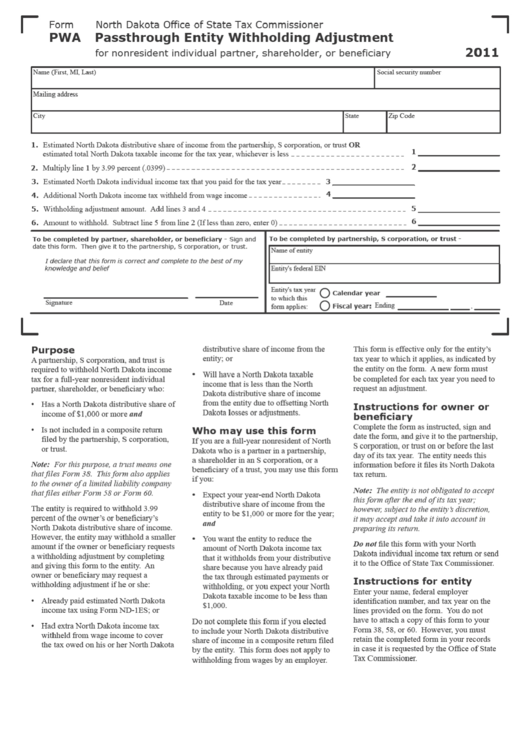 Form Pwa - Passthrough Entity Withholding Adjustment - 2011 Printable pdf