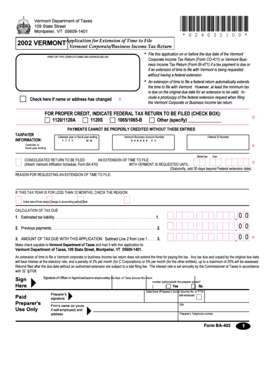 Form Ba-403 - Application For Extension Of Time To File Vermont Corporate/business Income Tax Return - 2002 Printable pdf