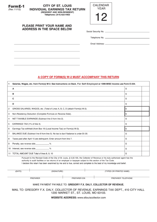 Fillable Form E-1 - Individual Earnings Tax Return - 2012 Printable pdf