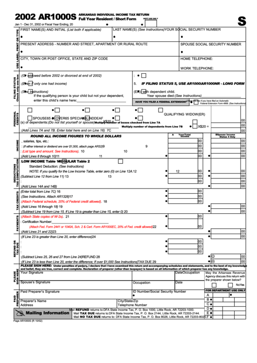 Form Ar1000s - Arkansas Individual Income Tax Return - Full Year Resident / Short Form - 2002 Printable pdf