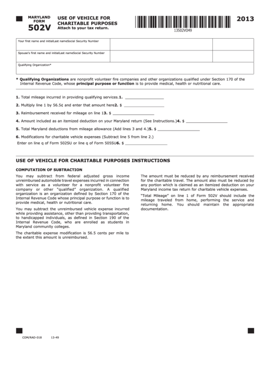 Fillable Form 502v - Use Of Vehicle For Charitable Purposes - 2013 Printable pdf