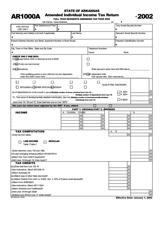 Form Ar1000a - Amended Individual Income Tax Return - 2002 Printable pdf
