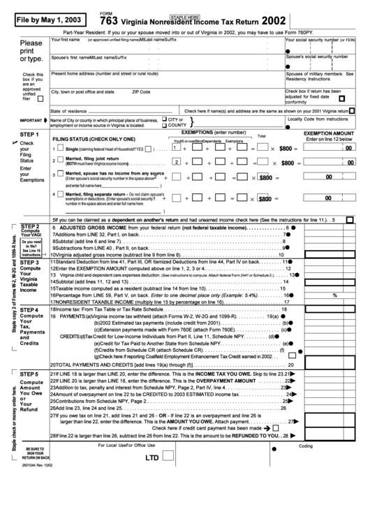 Form 763 - Virginia Nonresident Income Tax Return - 2002 Printable pdf