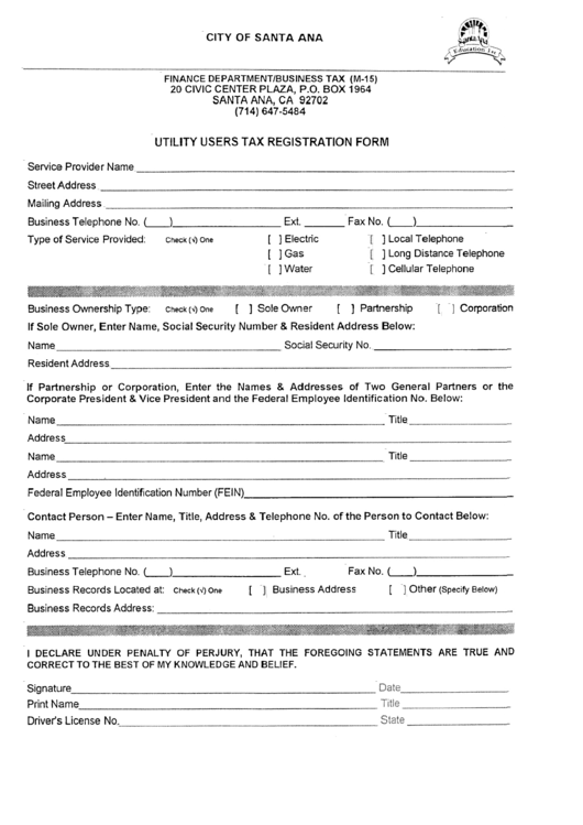 Utility Users Tax Registration Form - City Of Santa Ana Printable pdf