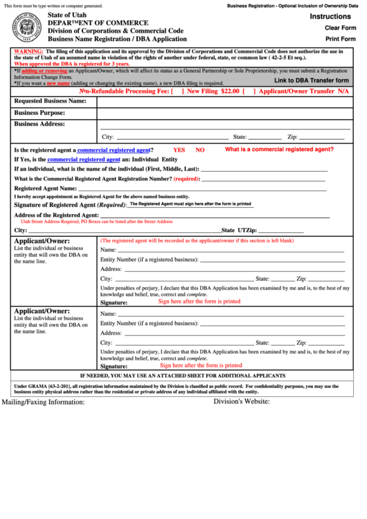 Fillable Business Name Registration / Dba Application - Utah Department Of Commerce Printable pdf