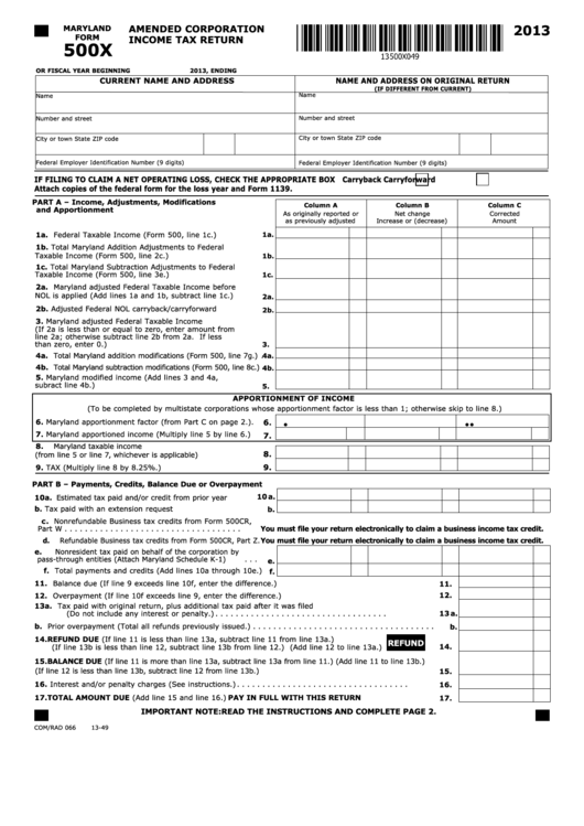 Fillable Form 500x - Amended Corporation Income Tax Return - 2013 Printable pdf
